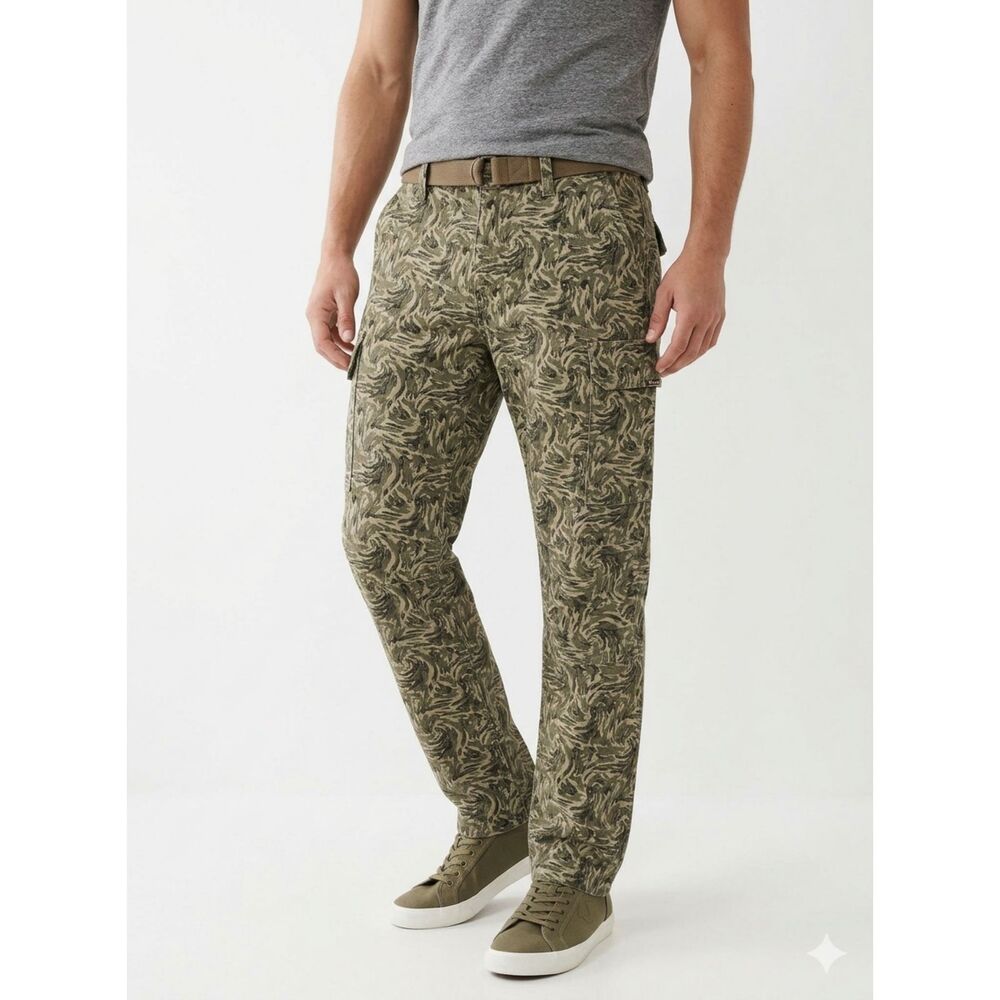 True Religion Men’s 28x32 Green & Khaki Tan Abstract Camo Cargo Pants (701122)